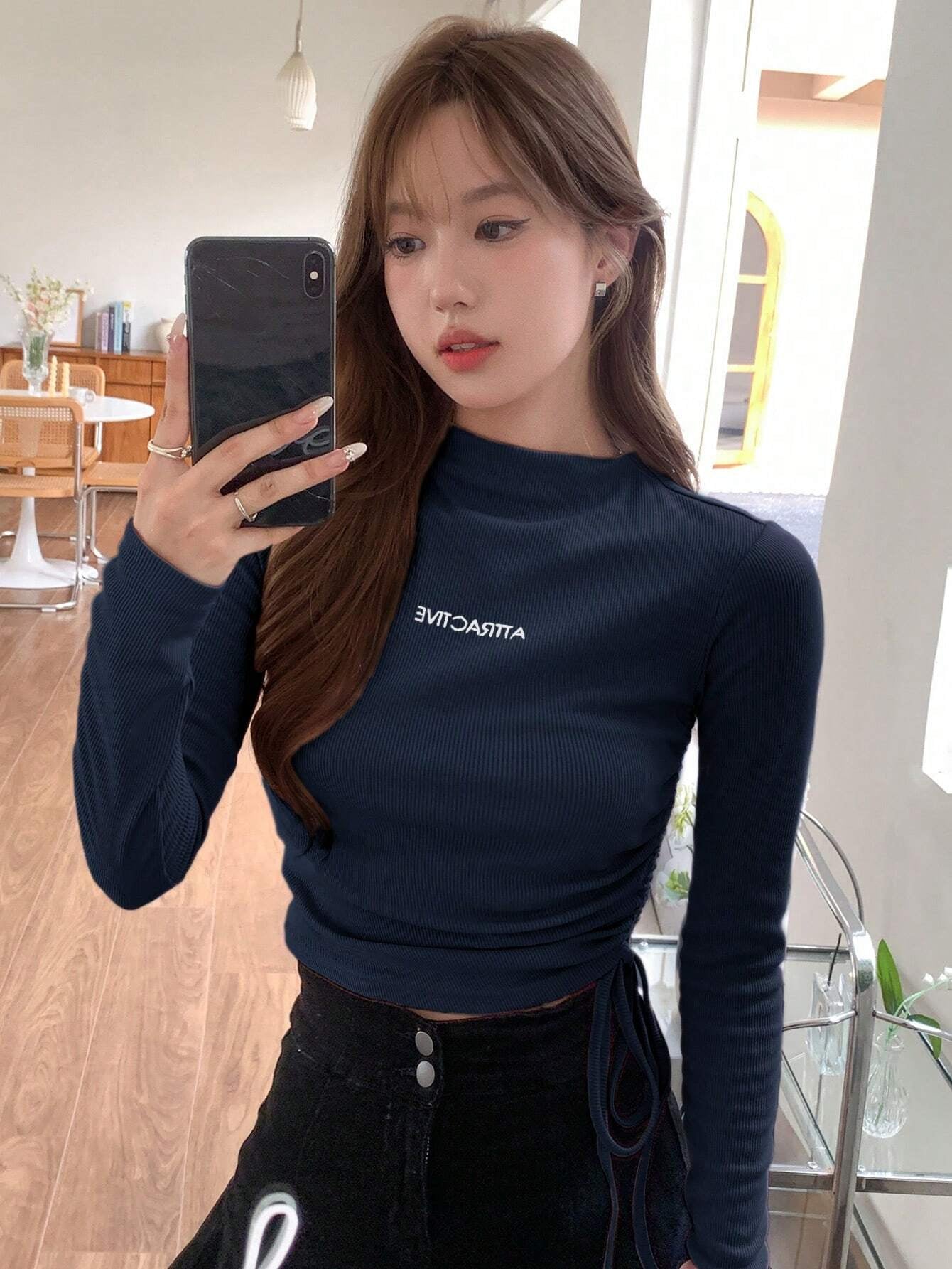 Letter Graphic Drawstring Side Mock Neck Tee