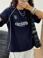 Streetwear Going Out Y2K Cool Event Letter Printed Graphics Color-Blocked Short Sleeve Blue Jersey T-Shirt