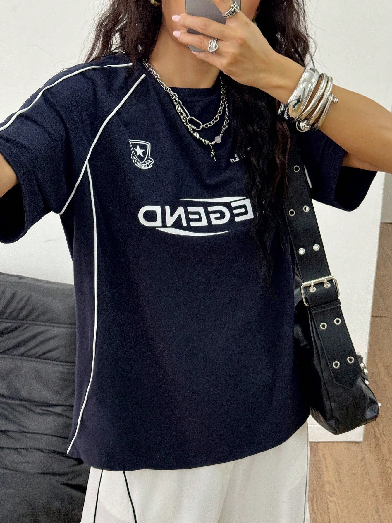 Streetwear Going Out Y2K Cool Event Letter Printed Graphics Color-Blocked Short Sleeve Blue Jersey T-Shirt