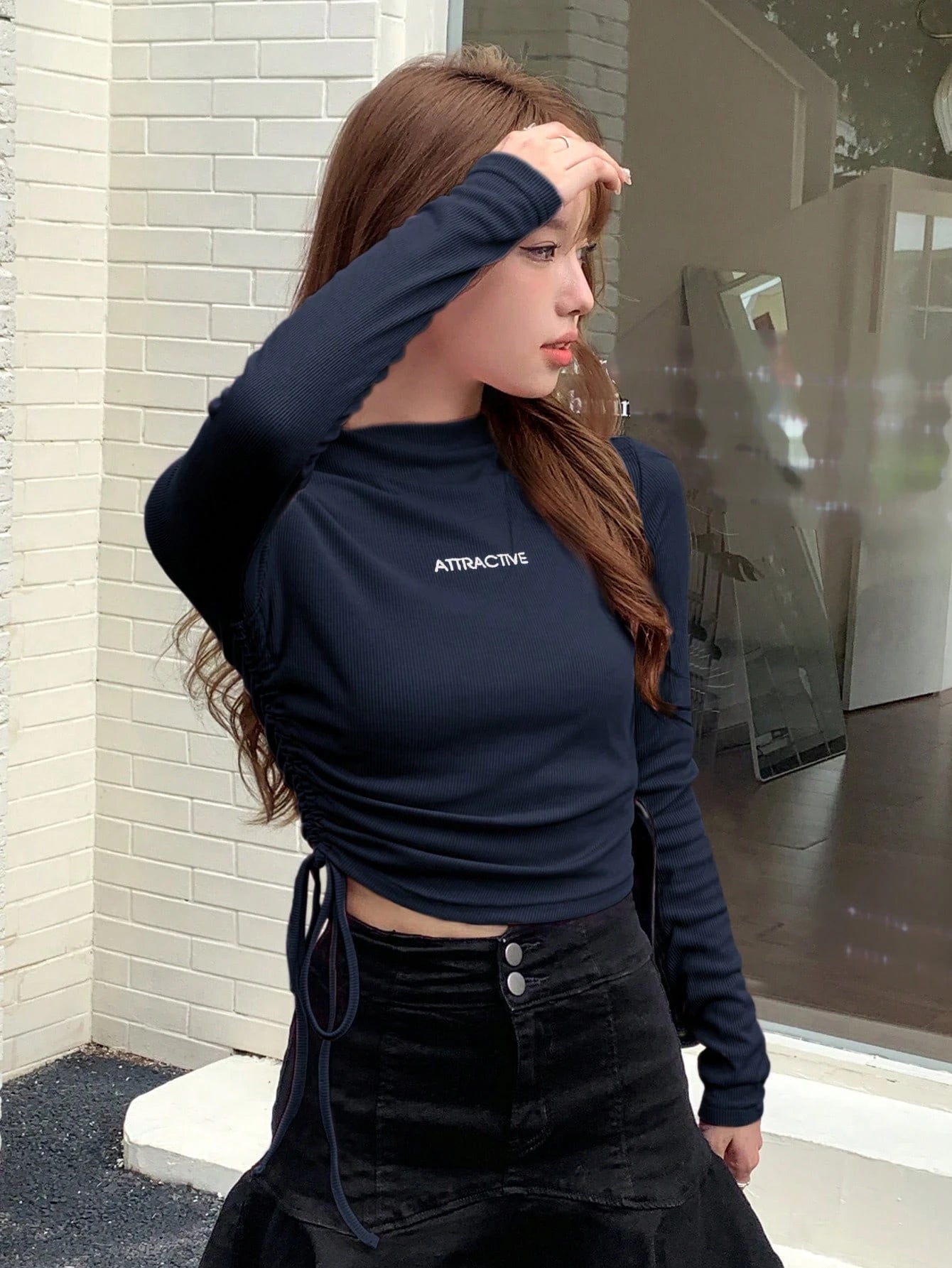Letter Graphic Drawstring Side Mock Neck Tee