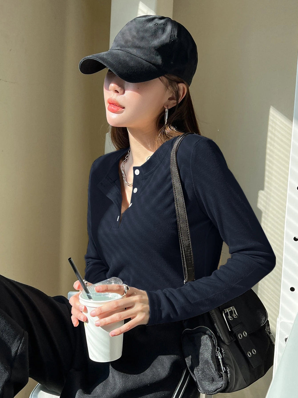 Women's Semi-Open Collar Fitted Long Sleeve T-Shirt