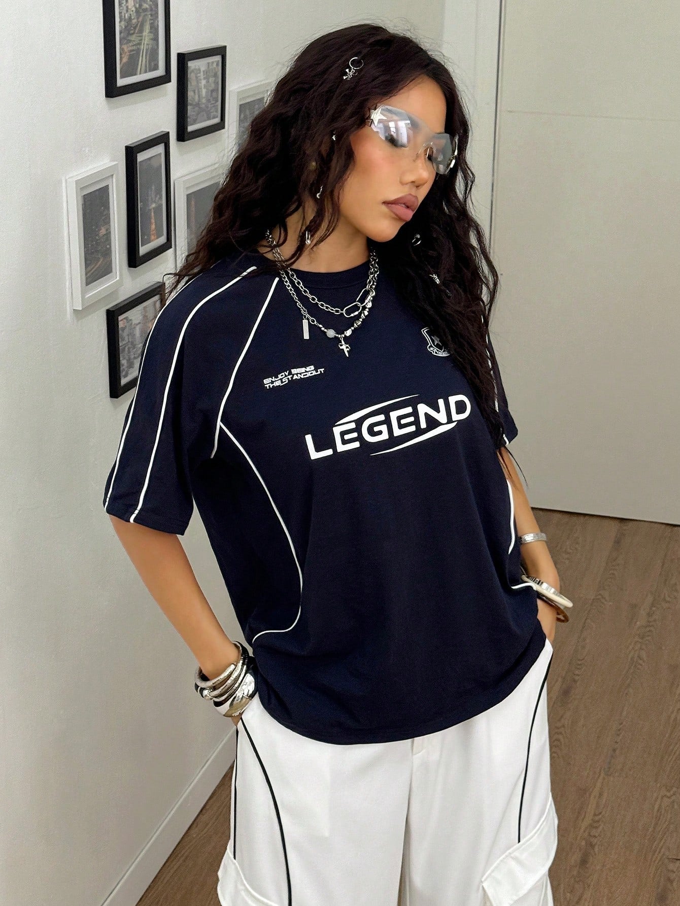 Streetwear Going Out Y2K Cool Event Letter Printed Graphics Color-Blocked Short Sleeve Blue Jersey T-Shirt