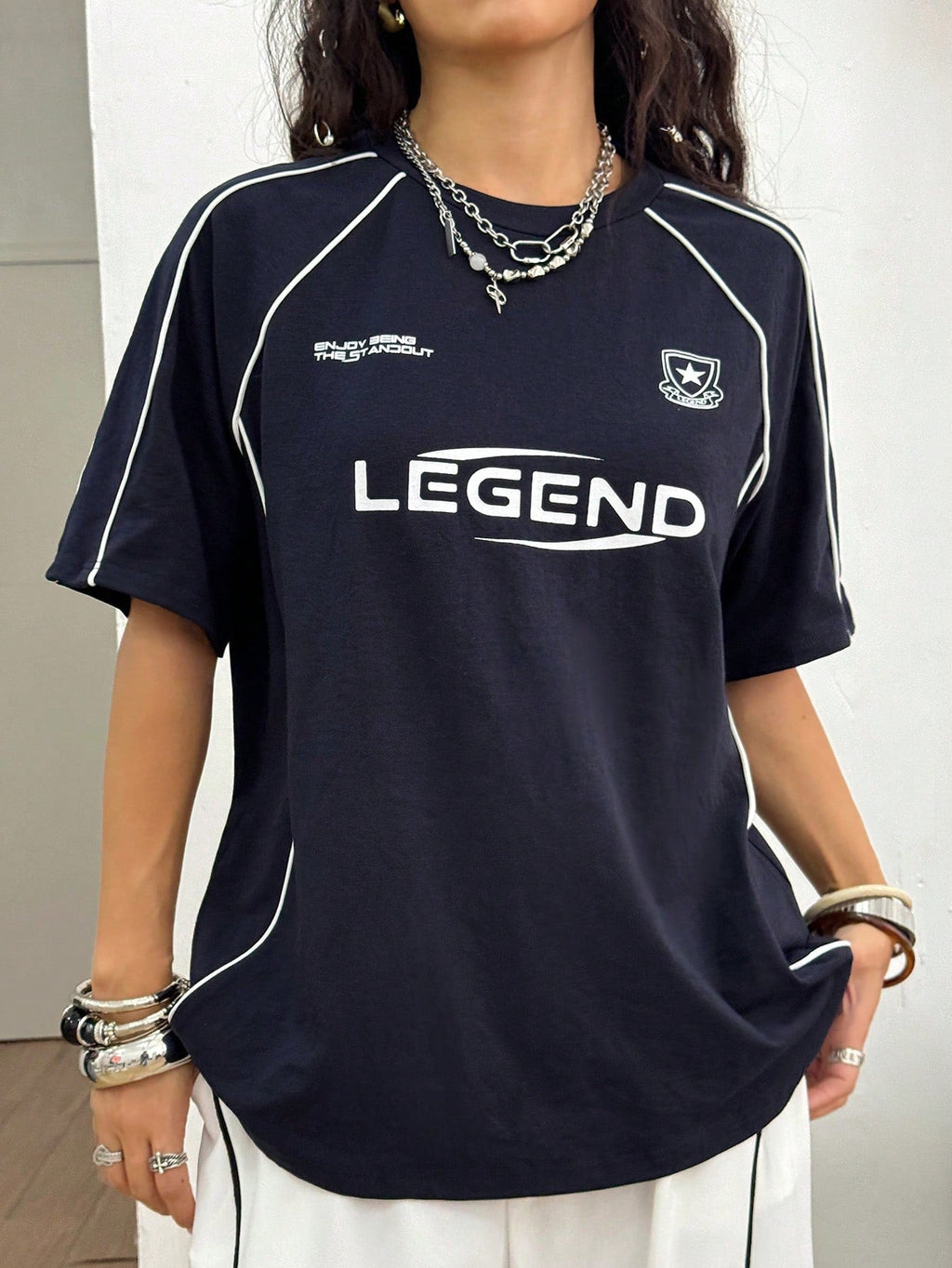 Streetwear Going Out Y2K Cool Event Letter Printed Graphics Color-Blocked Short Sleeve Blue Jersey T-Shirt