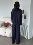 Casual Solid Color Turndown Collar Loose Sweater And Wide Leg Pants 2 Pieces Set