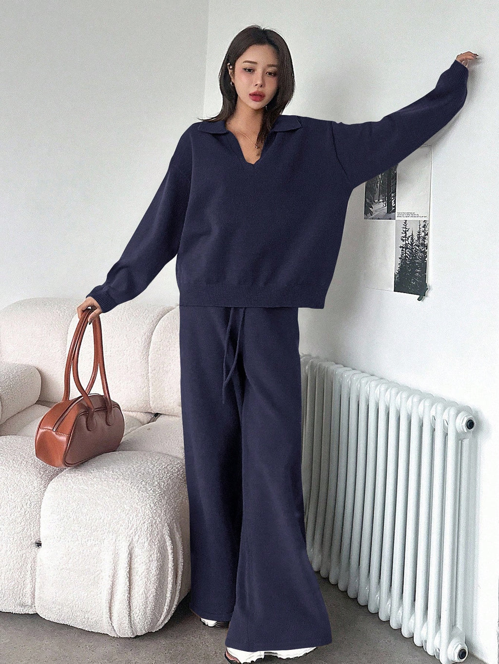Casual Solid Color Turndown Collar Loose Sweater And Wide Leg Pants 2 Pieces Set
