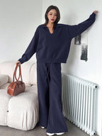 Casual Solid Color Turndown Collar Loose Sweater And Wide Leg Pants 2 Pieces Set