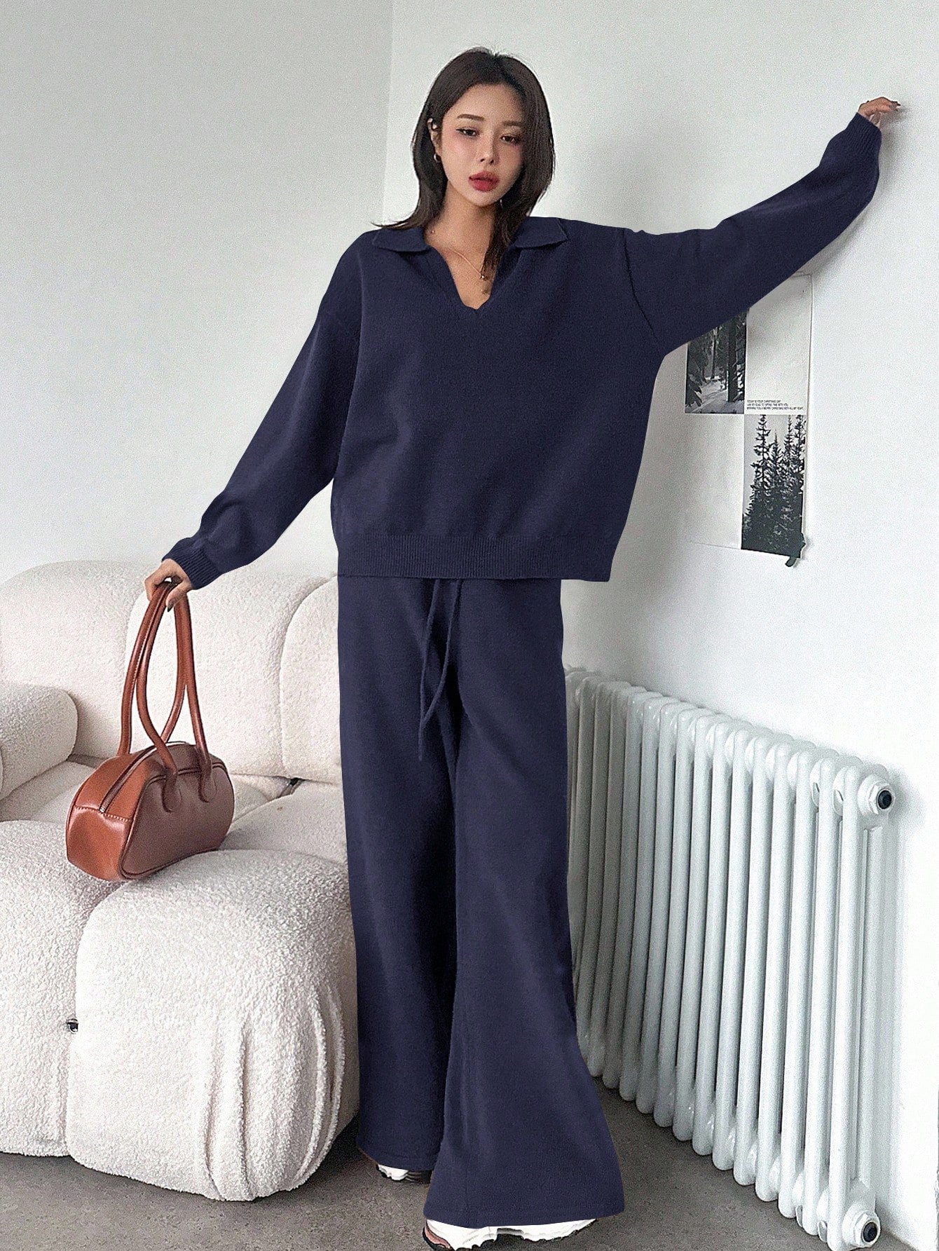 Casual Solid Color Turndown Collar Loose Sweater And Wide Leg Pants 2 Pieces Set