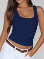 Solid Color Button Half Placket Tank Top