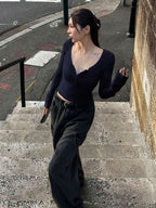 Solid Color Slim Fit Half-Placket Buttoned Long Sleeve T-Shirt