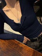 Solid Color Slim Fit Half-Placket Buttoned Long Sleeve T-Shirt