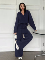 Casual Solid Color Turndown Collar Loose Sweater And Wide Leg Pants 2 Pieces Set
