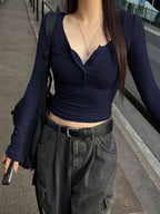 Solid Color Slim Fit Half-Placket Buttoned Long Sleeve T-Shirt