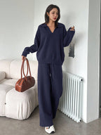 Casual Solid Color Turndown Collar Loose Sweater And Wide Leg Pants 2 Pieces Set
