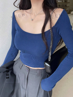 Women's Solid Color Square Neckline Long Sleeve Slim Fit T-Shirt