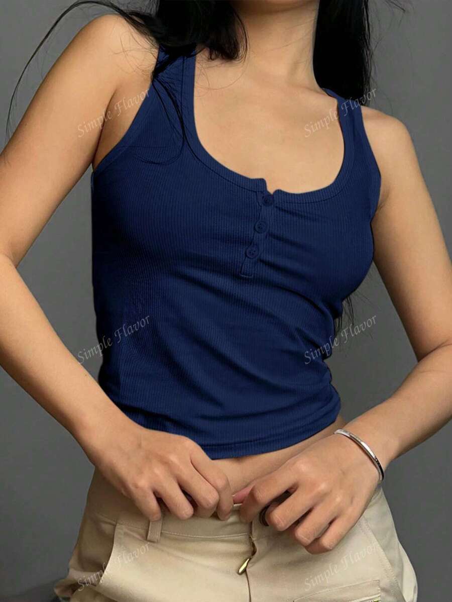 Solid Color Button Half Placket Tank Top