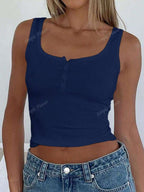 Solid Color Button Half Placket Tank Top