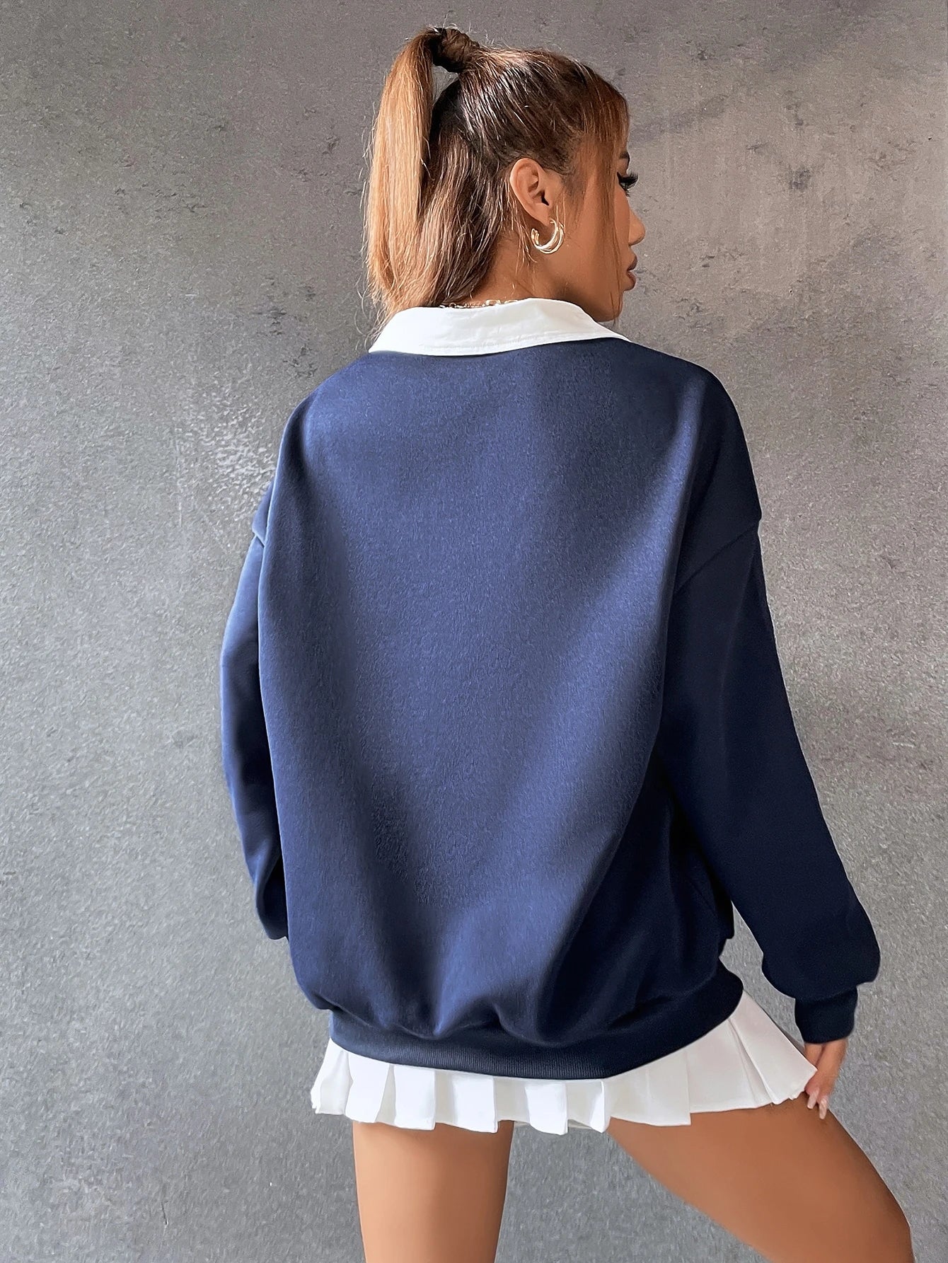 Polo Collar Drop Shoulder Letter Graphic Pullover, Long Sleeve Tops Fall Outfit