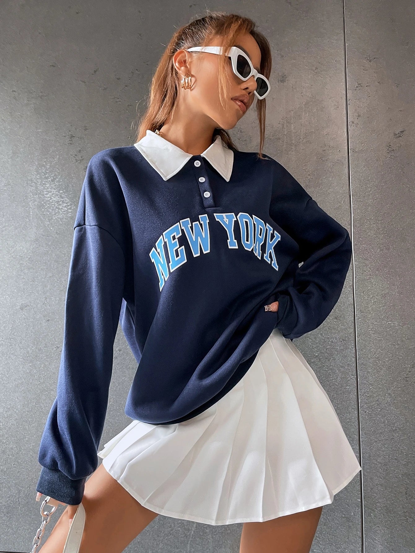 Polo Collar Drop Shoulder Letter Graphic Pullover, Long Sleeve Tops Fall Outfit