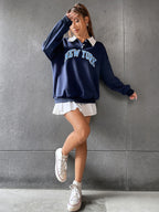 Polo Collar Drop Shoulder Letter Graphic Pullover, Long Sleeve Tops Fall Outfit