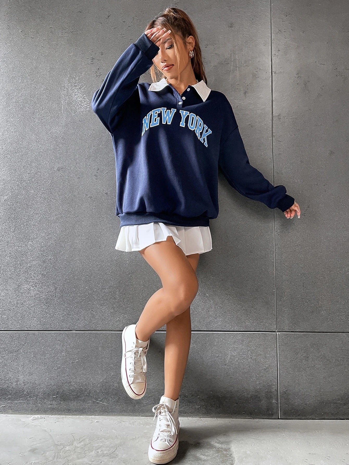Polo Collar Drop Shoulder Letter Graphic Pullover, Long Sleeve Tops Fall Outfit