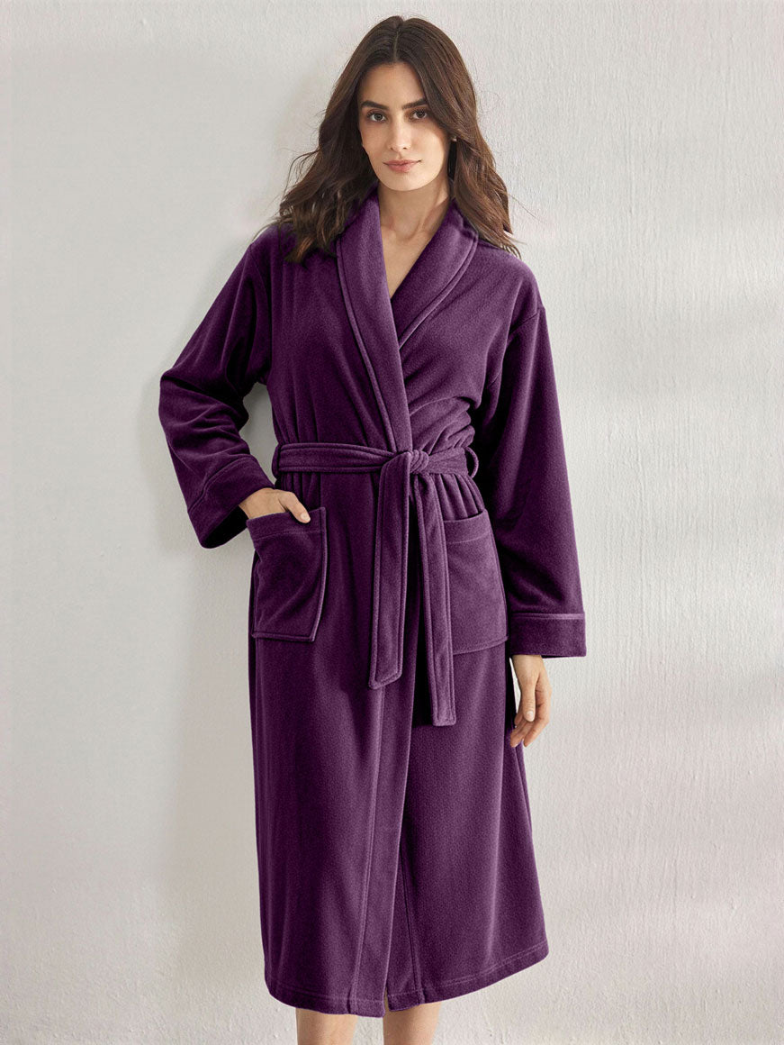 Premium Women's Plush Long Bathrobe - Soft Warm Fleece Robe with Shawl Collar for Spa & Home