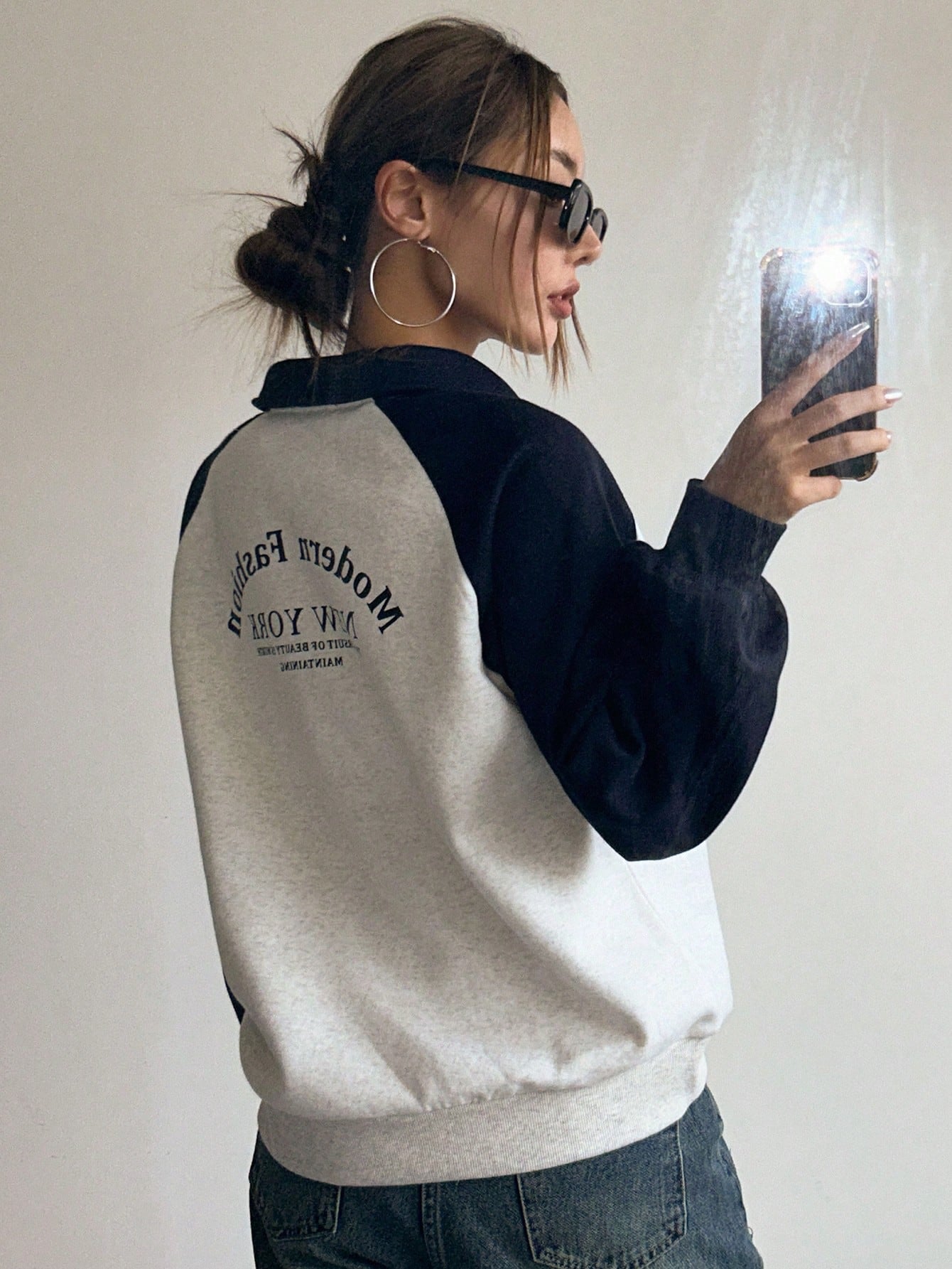Two Tone Quarter Zip Raglan Sleeve Sweatshirt, Long Sleeve Tops