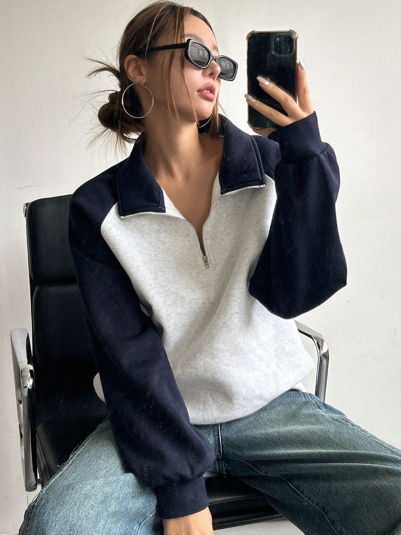 Two Tone Quarter Zip Raglan Sleeve Sweatshirt, Long Sleeve Tops
