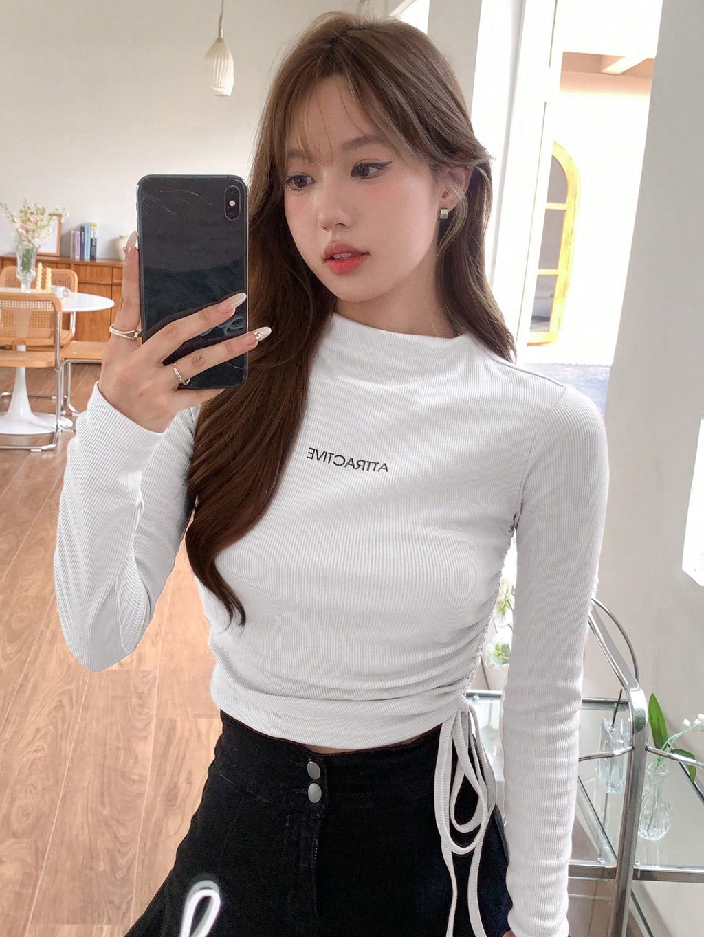 Letter Graphic Drawstring Side Mock Neck Tee