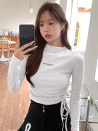 Letter Graphic Drawstring Side Mock Neck Tee