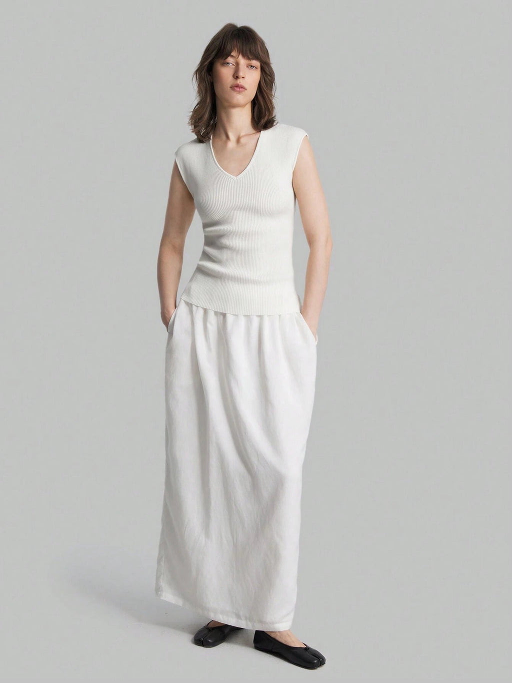 Solid Color Urban Chic Fashion Casual V-Neck Cap Sleeve Knit Blouse