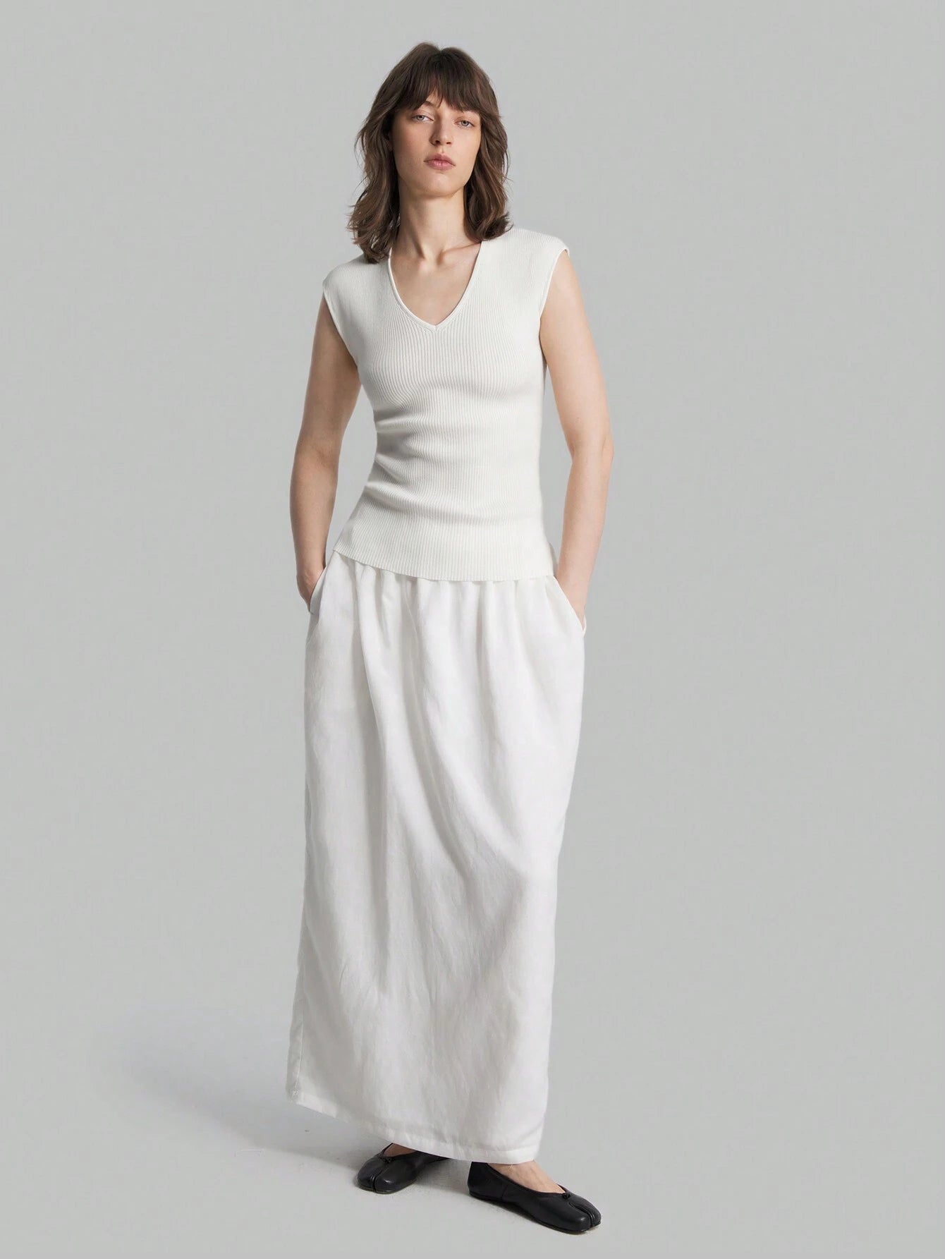 Solid Color Urban Chic Fashion Casual V-Neck Cap Sleeve Knit Blouse