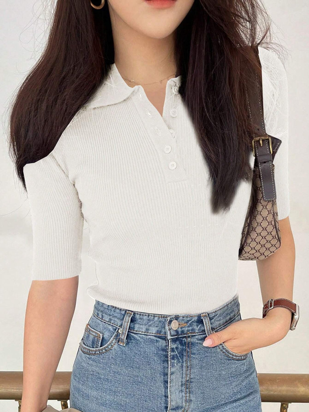 Polo Neck Half-Open Knitted Top With Short Sleeves Summer