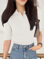 Polo Neck Half-Open Knitted Top With Short Sleeves Summer