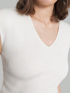 Solid Color Urban Chic Fashion Casual V-Neck Cap Sleeve Knit Blouse