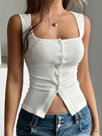 French Style Square Neck Sleeveless Slit Knit Tank Top