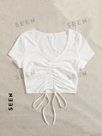 Solid Drawstring Ruched Tee