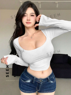 Women's Solid Color Square Neckline Long Sleeve Slim Fit T-Shirt