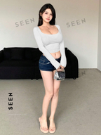 Women's Solid Color Square Neckline Long Sleeve Slim Fit T-Shirt