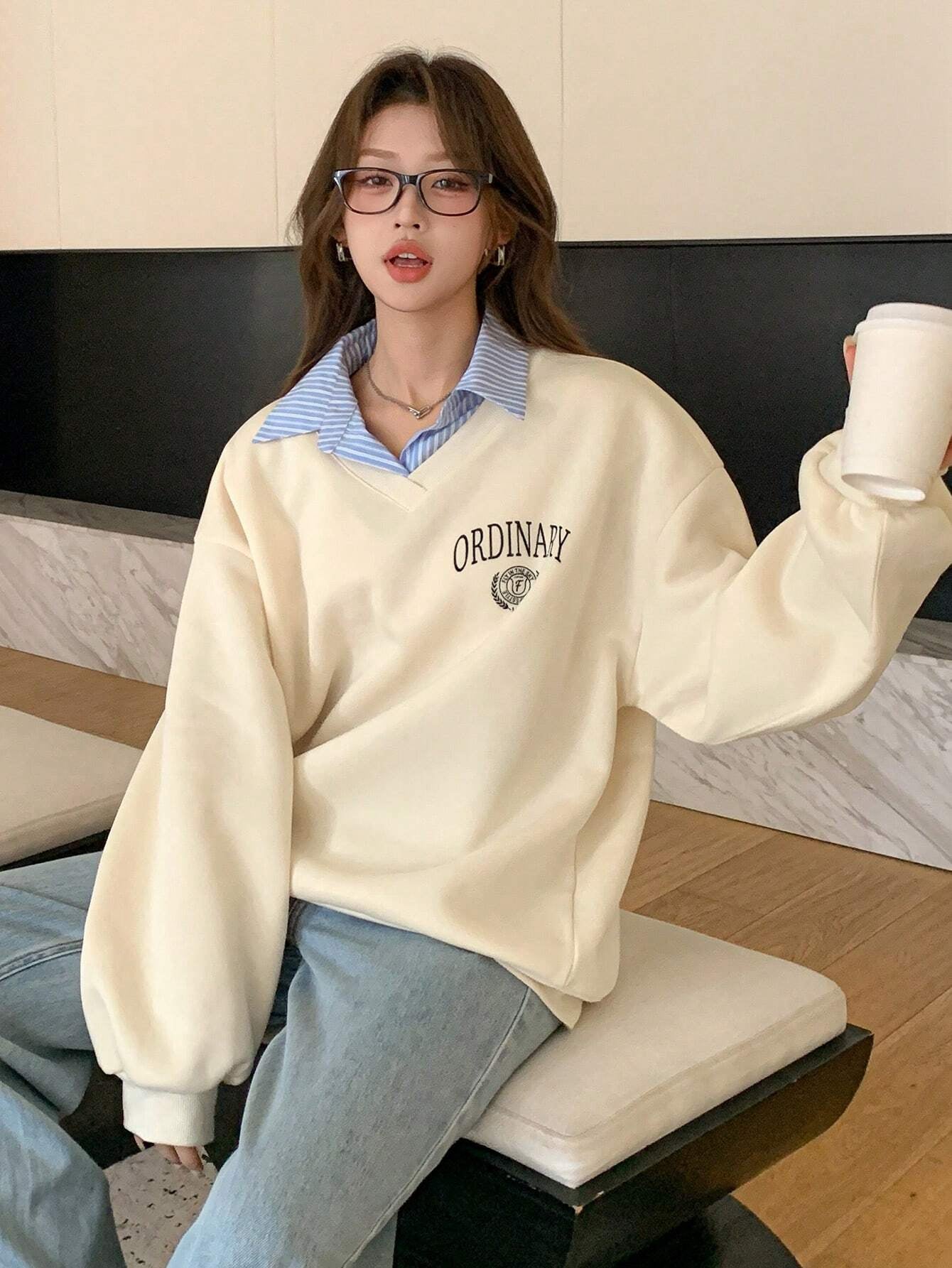 Letter & Stripe Print Patchwork Thermal Lined Sweatshirt