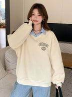 Letter & Stripe Print Patchwork Thermal Lined Sweatshirt