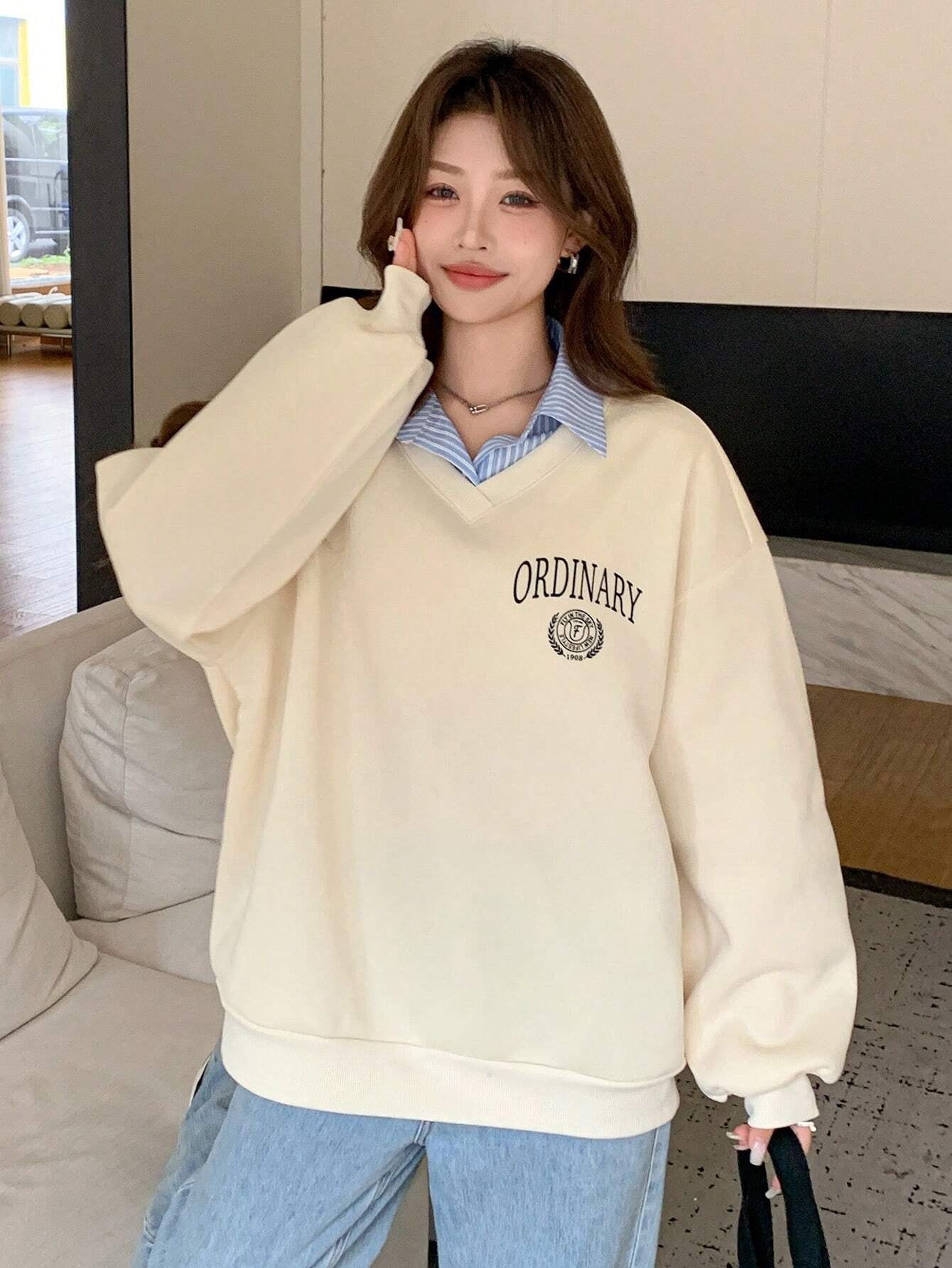 Letter & Stripe Print Patchwork Thermal Lined Sweatshirt