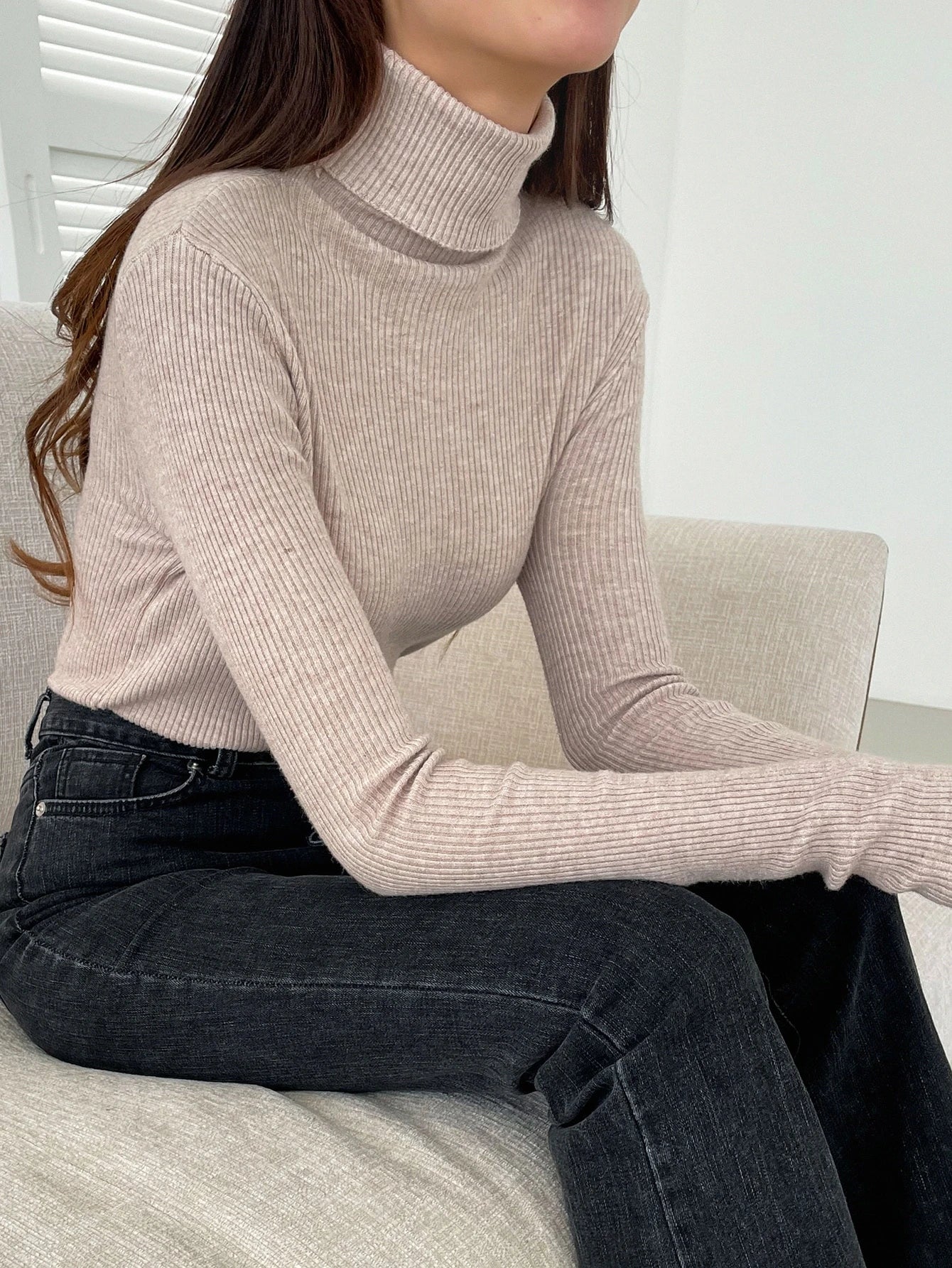 Basic Solid High Neck Long Sleeve Knit Sweater