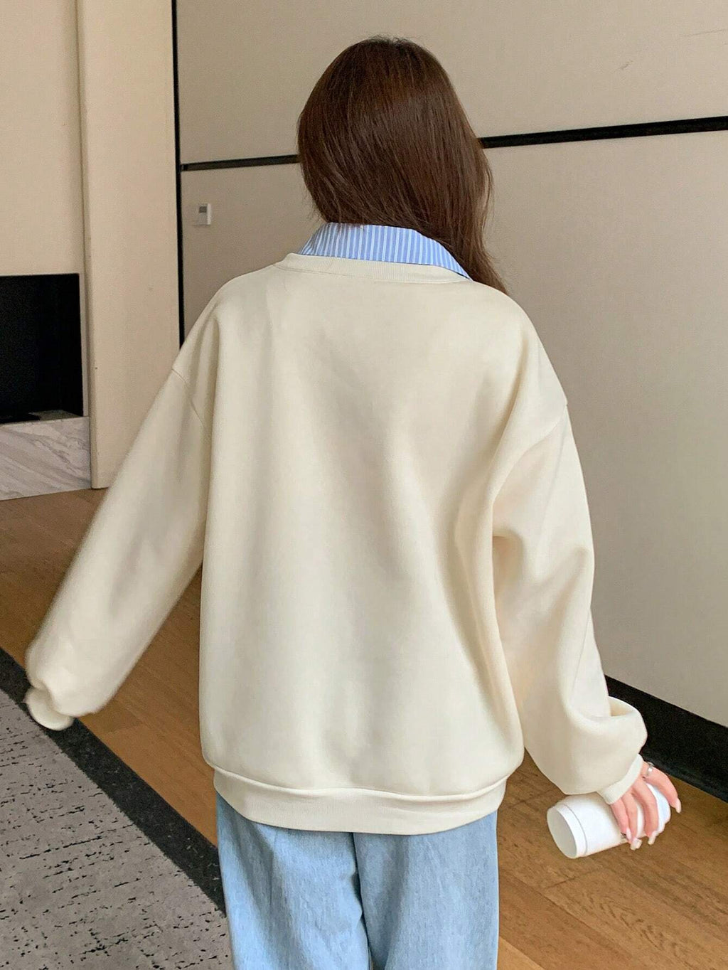 Letter & Stripe Print Patchwork Thermal Lined Sweatshirt