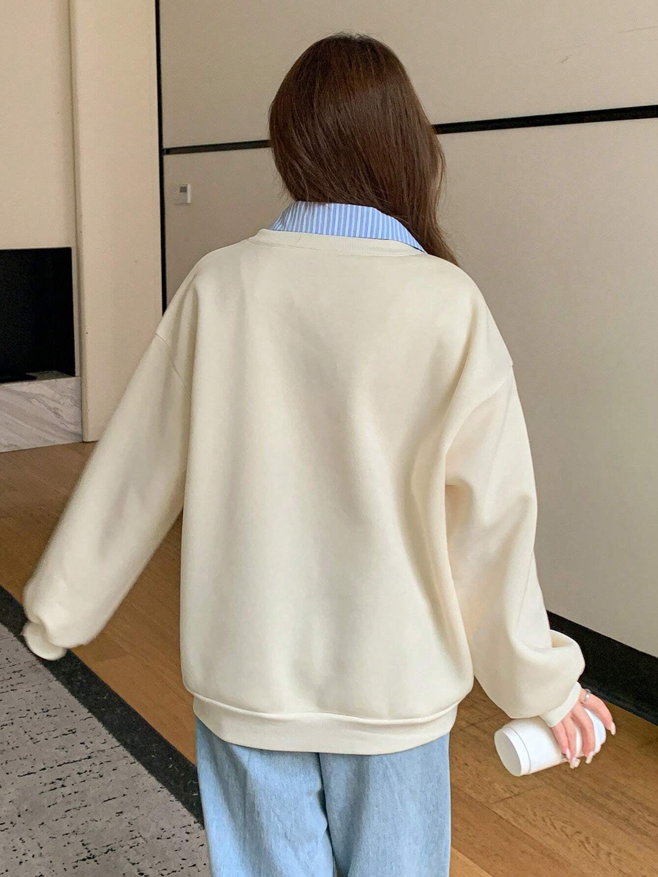 Letter & Stripe Print Patchwork Thermal Lined Sweatshirt