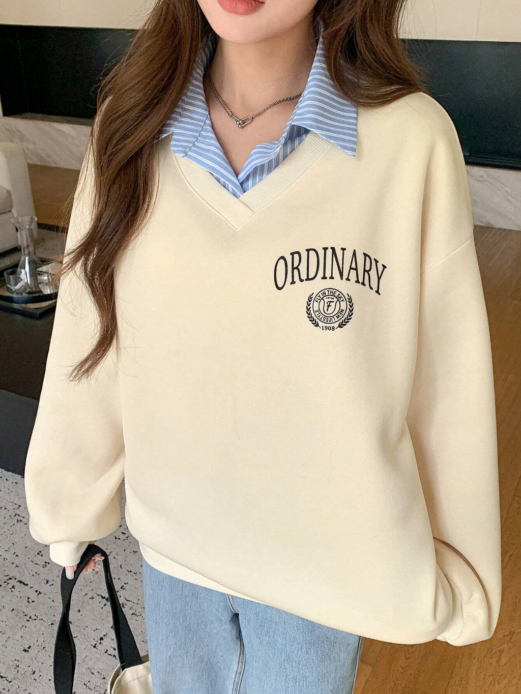 Letter & Stripe Print Patchwork Thermal Lined Sweatshirt