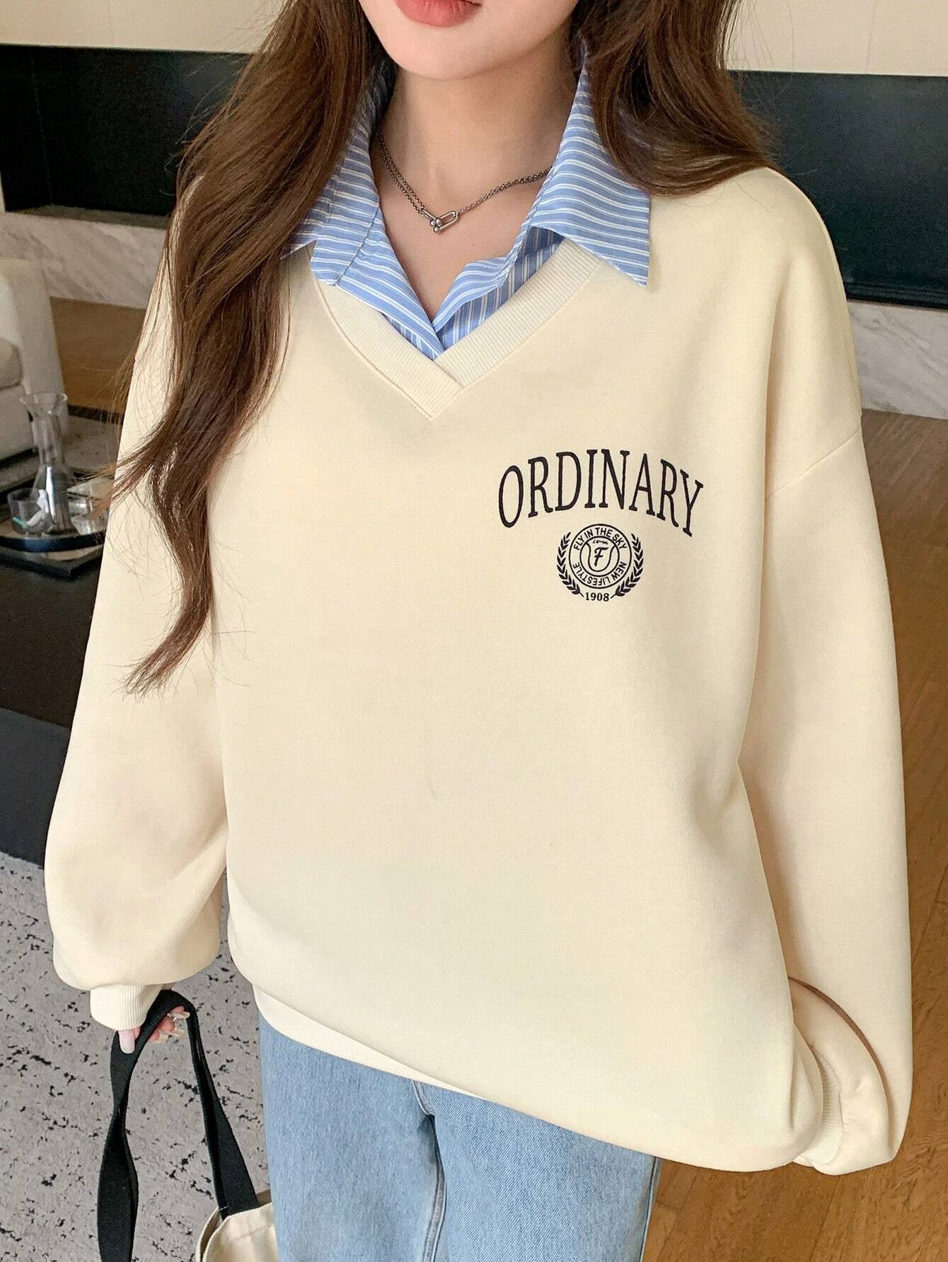Letter & Stripe Print Patchwork Thermal Lined Sweatshirt