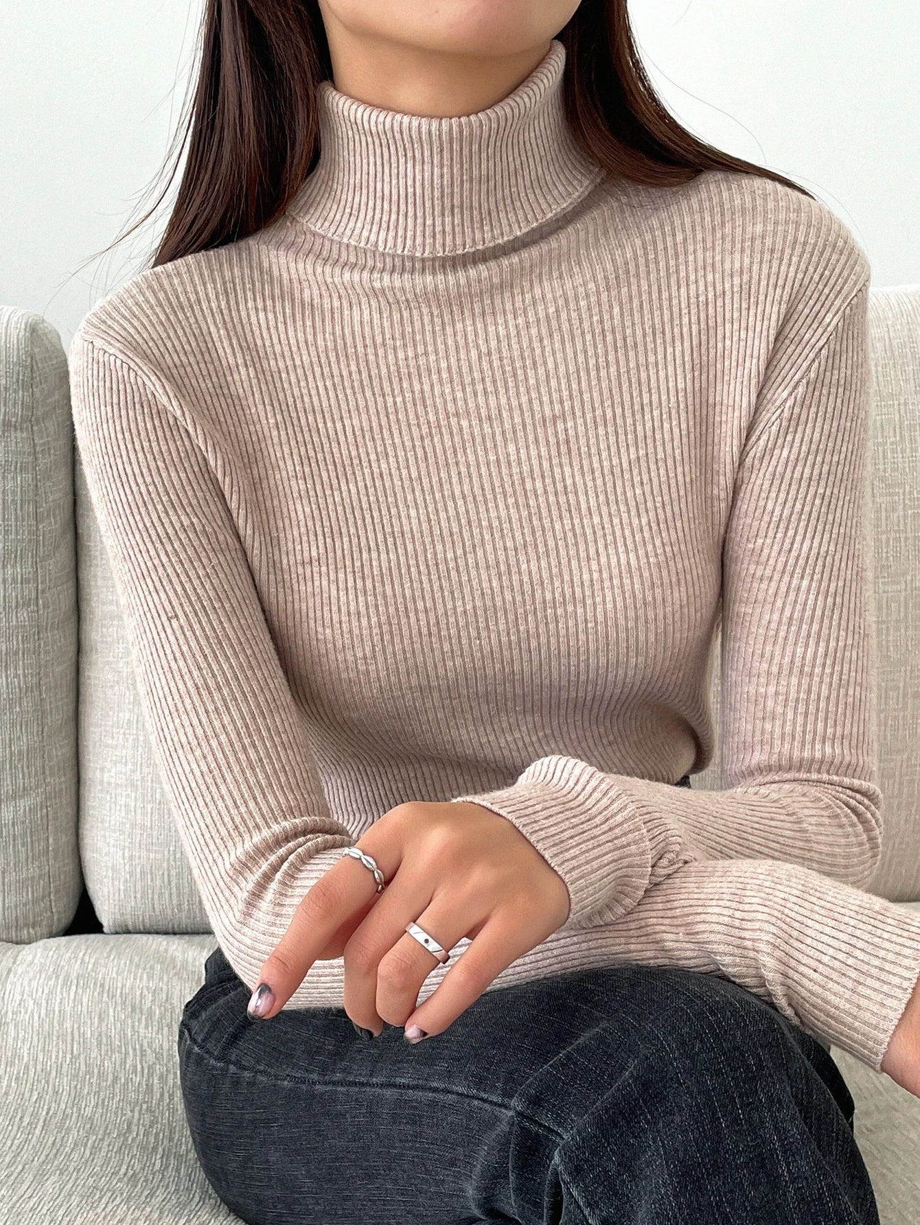 Basic Solid High Neck Long Sleeve Knit Sweater