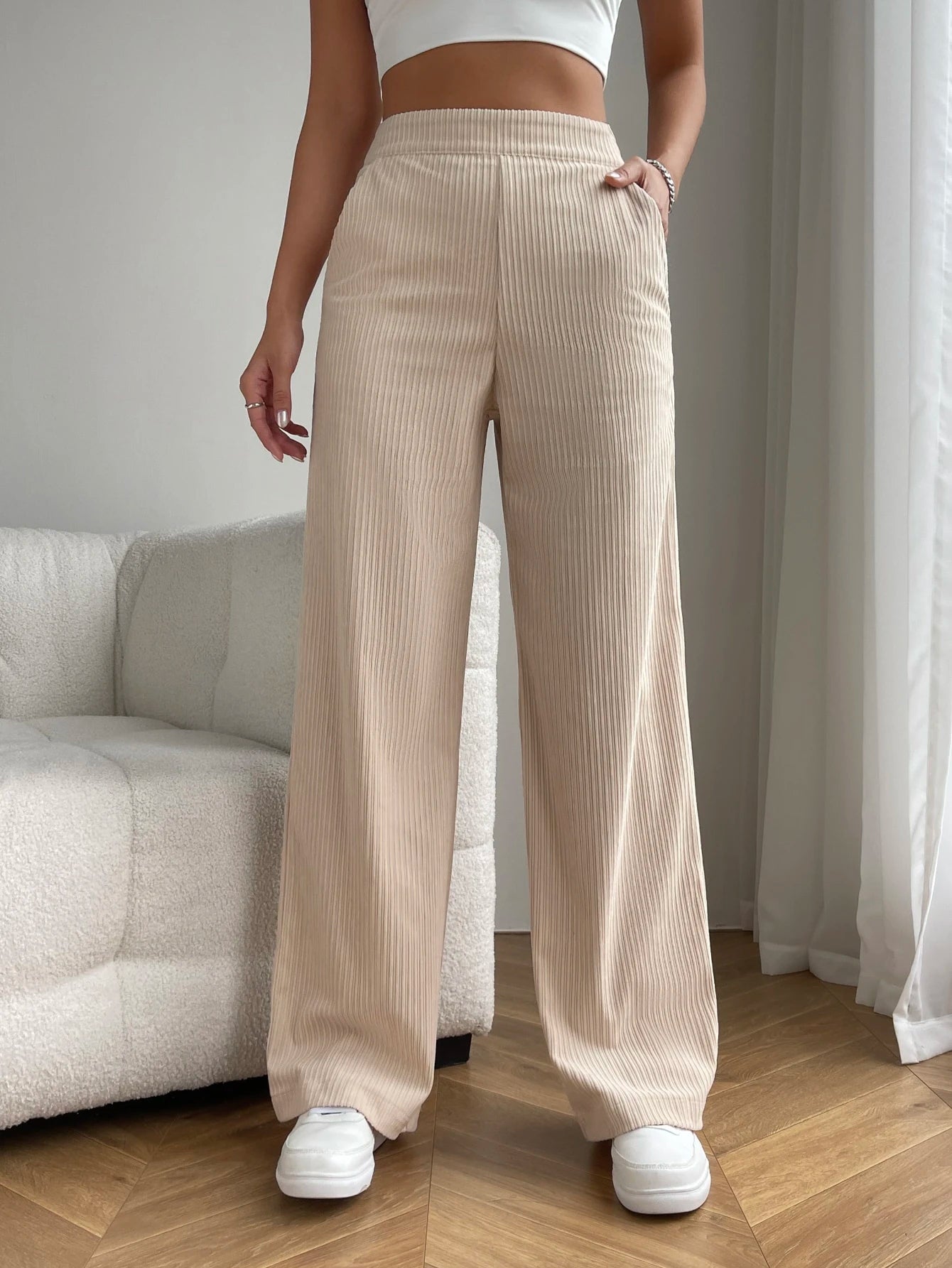 Solid Color High Waist Pockets Straight Loose Casual Pants