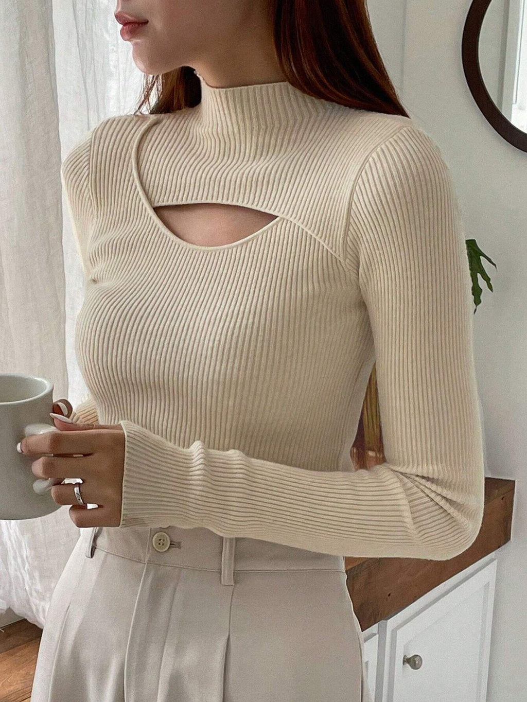Stand Collar Long Sleeve Hollow Pullover Tops