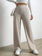 Solid Color High Waist Ribbed Straight Loose Casual Pants